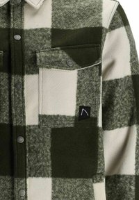 Groen en wit geruit flanellen overhemd, met twee borstzakken, metalen drukknoopsluitingen en een logopatch op de linkerzak. Zachte textuur.