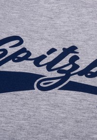 Graues Stoff-T-Shirt mit dunkelblauem, geschwungenem Text "Spitz." Die Oberfläche ist glatt mit einer leichten Textur, die das bedruckte Design betont.