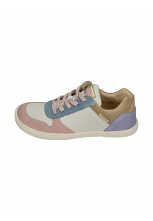 Low-top sneaker with pink, blue, beige, and purple suede panels, white sole, and pink laces on white background.