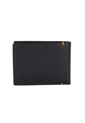 Portafoglio bifold in pelle nera con cuciture arancioni minime lungo i bordi superiore e inferiore, fotografato su uno sfondo bianco.