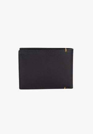 Portafoglio bifold in pelle nera con cuciture arancioni minime lungo i bordi superiore e inferiore, fotografato su uno sfondo bianco.