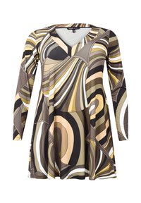 Zijdeachtige jurk met lange mouwen in meerdere kleuren, met een V-hals, en abstracte draaiingen in bruine, beige en witte tinten. Gemaakt van soepele, rekbare stof.