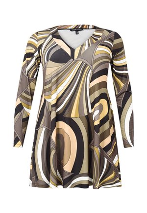 Multifarvet langærmet kjole med V-hals, der har abstrakte svulmninger i brune, beige og hvide nuancer. Fremstillet af glat, strækbart stof.