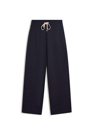 Dark navy relaxed-fit pants made of soft cotton. Features an elastic waistband with a beige drawstring and straight, wide legs.