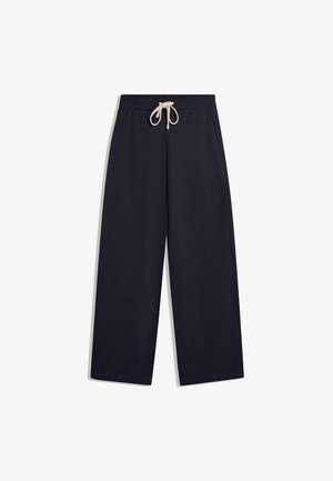 Mørkeblå, afslappede bukser i blødt bomuldsstof. Har en elastisk talje med en beige snor og lige, brede ben.