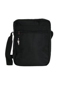 Zwarte schoudertas van gestructureerd nylon. Voorzien van een ritspocket en een kleine zilveren accent sleutelhanger. Verstelbare riem om te dragen.