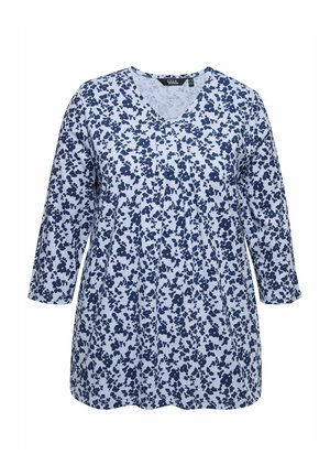 Ulla Popken FLORAL 3/4 SLEEVE V-NECK - Top s dlouhým rukávem - blue gray