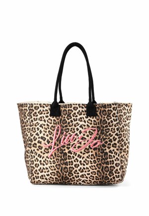 Borsa a tracolla in tessuto stampa leopardo, manici neri e "Liu Jo" ricamato in grande scrittura rosa sul davanti.