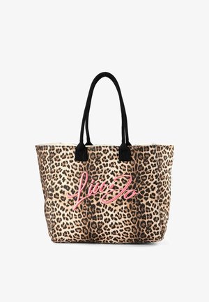 Borsa a tracolla in tessuto stampa leopardo, manici neri e "Liu Jo" ricamato in grande scrittura rosa sul davanti.