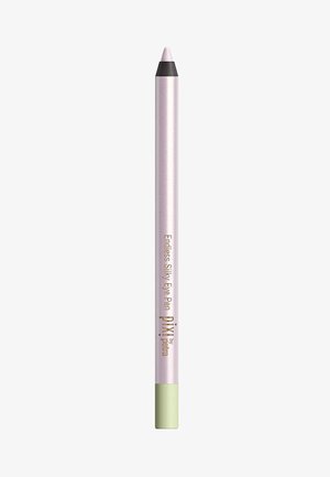 Pixi Endless Silky Eye Pen; schlanker silberner Stift mit lavendelfarbenem Körper, grüner Spitze und Präzisionsspitze. Mit markenbezogenem Schriftzug in Gold.