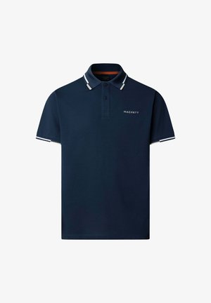 Marineblauw poloshirt met korte mouwen, twee knopen, wit gestreepte kraag en mouwen, met het "Hackett"-logo op de linkerborst.