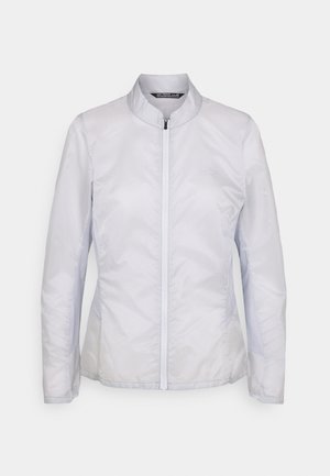 Veste légère pour femme gris clair avec col montant et fermeture éclair frontale, présentée sur un fond uni.