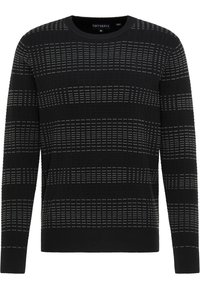 Maglione nero lavorato a maglia con un motivo testurizzato di strisce orizzontali e verticali in tonalità più chiare. Collo rotondo e polsini a costine.