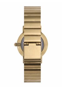 Bronze-colored wristwatch with a textured metal strap, round case, and small crown; features a glass face with a dark interior.