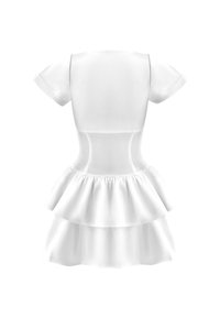 Weißes Kleid mit kurzen Ärmeln, einem taillierten Oberteil und einem gestuften, ausgestellten Rock. Der Stoff wirkt glatt mit einer leichten Textur.