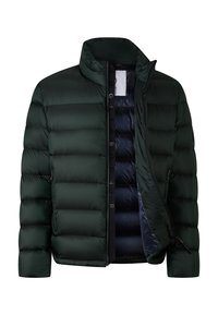 Dunkelgrüne Daunenjacke mit hohem Kragen, ausgestattet mit einem Frontreißverschluss, sichtbaren Nähten und einem Innenfutter aus marineblauem Stoff.