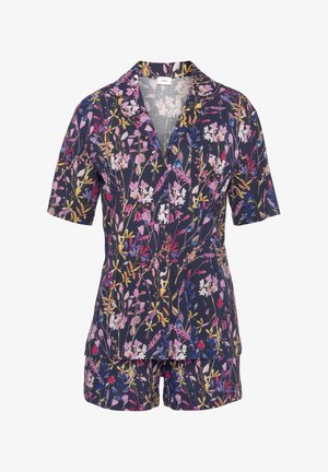 Marineblaues kurzärmliges Pyjama-Set mit mehrfarbigem Blumenmuster, knöpfbarem Oberteil und passenden Shorts.