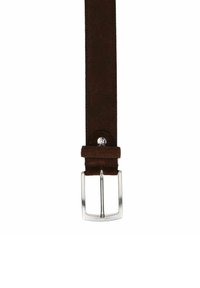 Dark brown suede belt with a silver rectangular buckle. Features a smooth texture and a thin strap for a minimalist design.