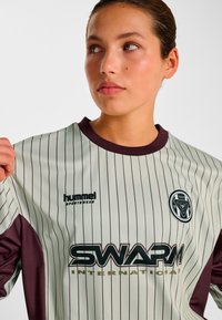 Hellgrünes Trikot mit kastanienbraunen Akzenten, vertikalen Nadelstreifen, Logo und dem Text "SWARM International". Das Material ist glatt und das Design sportlich.