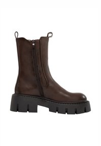 Stivaletti in pelle marrone con cerniere laterali, suole in gomma nera chunky e linguette nella parte superiore. Texture liscia con un design elegante.