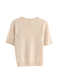 Beige kortærmet sweater med en klassisk rund halsudskæring, blød tekstur og ribbede manchetter. Minimalistisk design uden synlige logoer.