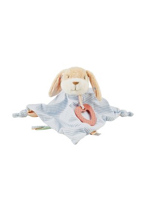Plush rabbit head attached to a light blue, striped fabric blankie. Features a textured, pink heart-shaped teether. Knotted corners.