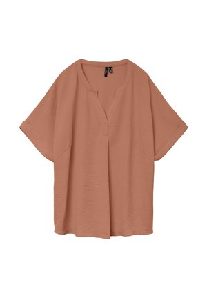 Volná halenka s krátkými rukávy z texturované látky v barvě zaprášené růže, s hlubokým výstřihem do V a manžetovými rukávy.