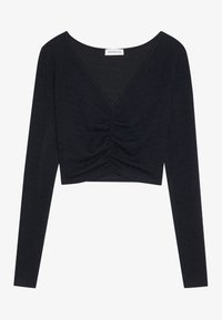 Svart langermet crop-top med V-hals og samlet detalj foran; laget av ribbet, teksturert stoff.