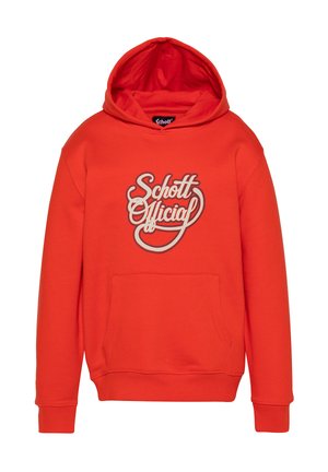 Jasnoczerwona bluza z kapturem z przednią kieszenią i białym stylizowanym napisem "Schott Official" na środku klatki piersiowej.