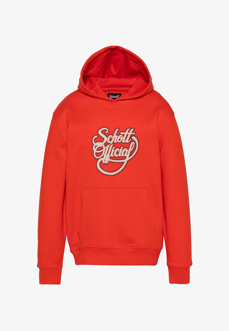 Sweat à capuche rouge vif avec poche kangourou à l'avant et texte blanc stylisé "Schott Official" centré sur la poitrine.