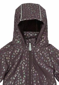 Donkerpaarse jas met kap, voorzien van een bladmotief in pasteltinten, ritssluiting aan de voorkant en druksluiting. Zachte voering en glanzende accenten.