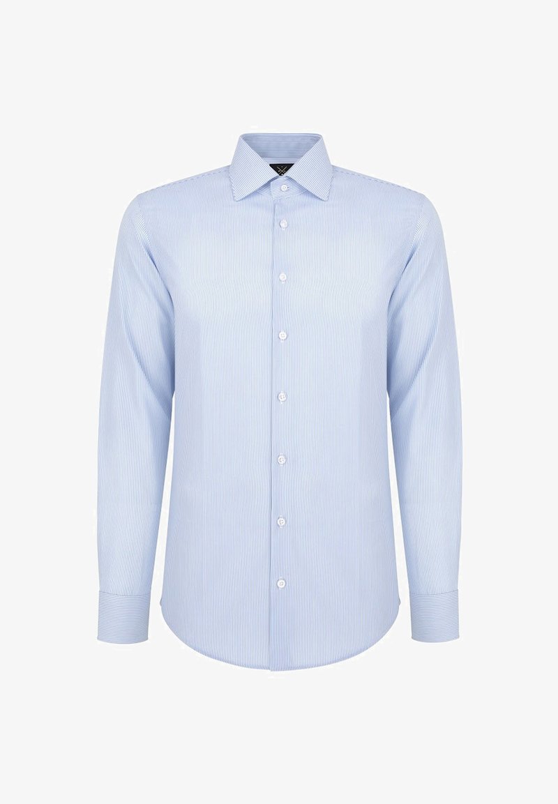 Jasnoniebieska koszula z długim rękawem, z cienkimi pionowymi paskami, z ostrym kołnierzykiem i zapięciem na guziki z przodu. Wykonana z gładkiego materiału z dopasowanym krojem.