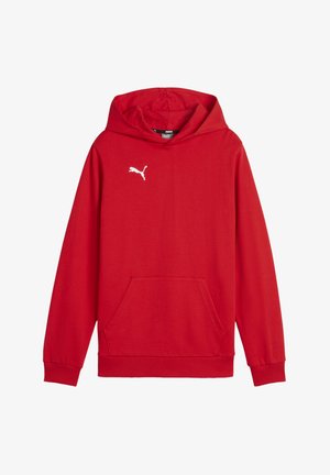 Felpa rossa con cappuccio e tasca frontale, realizzata in stoffa di cotone misto. Presenta un logo bianco Puma sul petto. Maniche lunghe con polsini a coste.