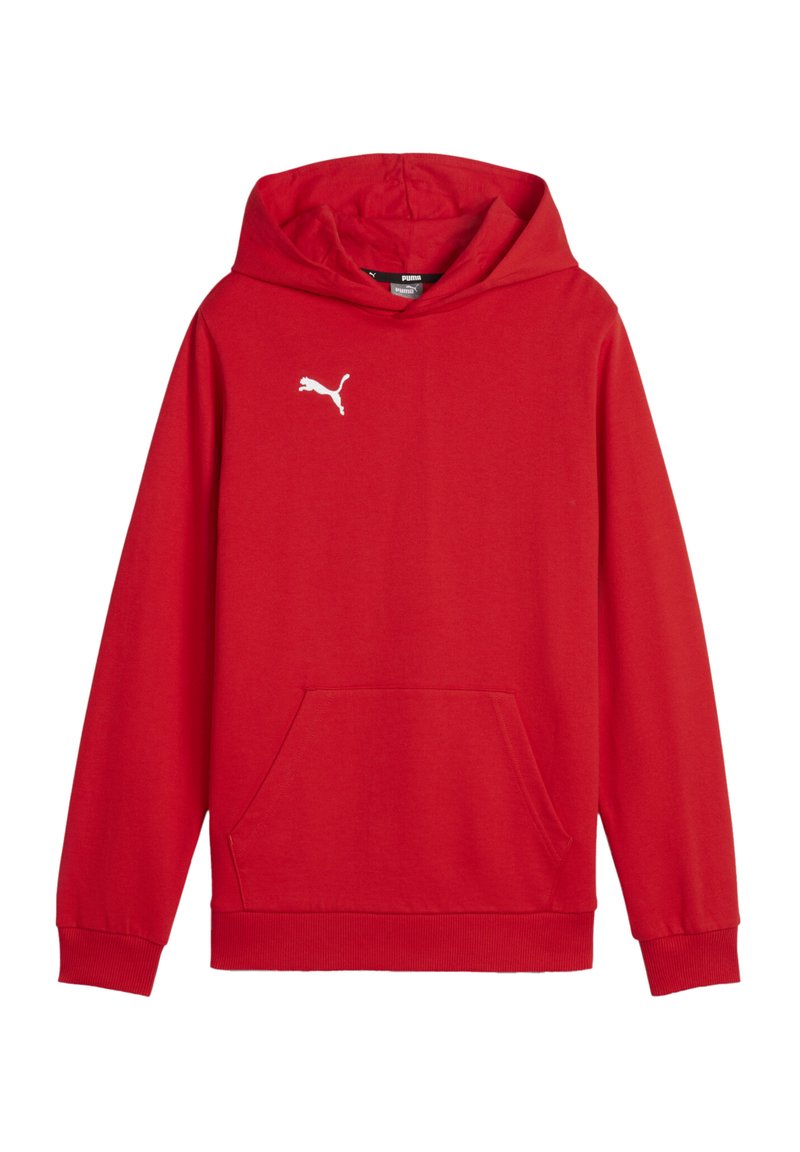 Felpa rossa con cappuccio e tasca frontale, realizzata in stoffa di cotone misto. Presenta un logo bianco Puma sul petto. Maniche lunghe con polsini a coste.