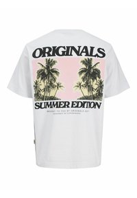 Hvid bomulds t-shirt med et palmetræ grafik i grøn og gul på en pink baggrund, med teksten "ORIGINALS SUMMER EDITION" i fed sort.