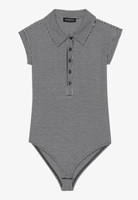 Sorte og hvide stribede bodysuit med krave, korte ærmer og fem-knaps lukning. Glat jerseystof.