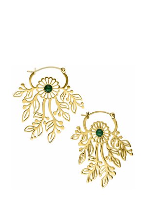 Gold hoop earrings with intricate leafy floral designs and green gemstone centers on a white background.