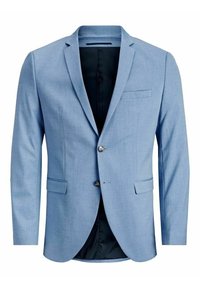 Ljusblå kavaj i texturerad tyg, med enkelknäppt design, distinkta slag, en bröstficka och två framfickor.