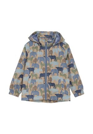 Dětská bunda s mnohobarevným vzorem slonů, vybavená předním zipem, kapucí, nastavitelnými manžetami a lehkým, voděodolným materiálem.