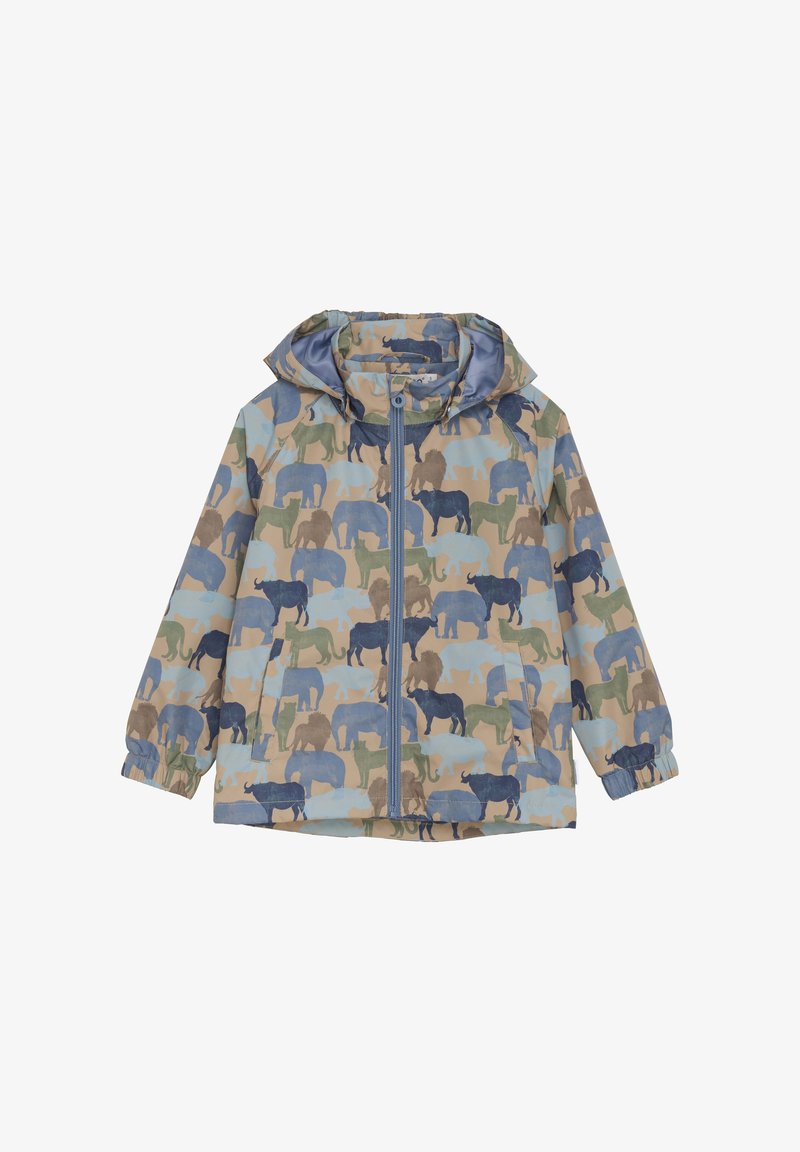Veste pour enfants avec un motif éléphant multicolore, dotée d'une fermeture éclair frontale, d'une capuche, de poignets ajustables et d'un tissu léger et résistant à l'eau.