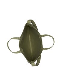Sac en toile en tissu vert olive avec deux poignées, présenté ouvert et vide, vu du dessus sur fond blanc.