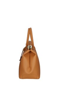 Borsa a mano in pelle color caramello con forma strutturata, doppi manici e chiusura in tonalità oro. Texture liscia con cuciture visibili e fondo arrotondato.