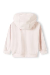 Sudadera con capucha de color rosa claro, con una textura suave, puños y dobladillo acanalados. Presenta un escote redondeado y un ajuste relajado. Vista trasera.