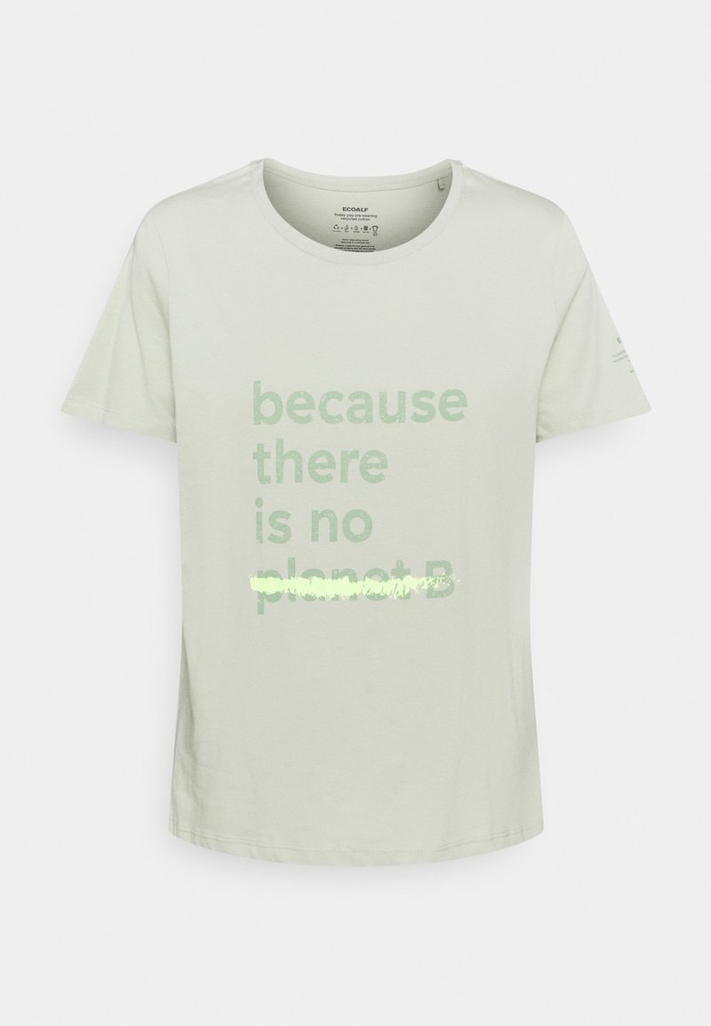 Hellgrünes Baumwoll-T-Shirt mit dem Text "weil es keinen Planeten B gibt" in einem dunkleren Grün. Rundhalsausschnitt und kurze Ärmel.