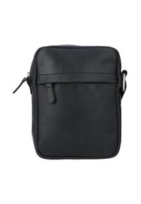 Borsa a tracolla nera in pelle con texture liscia, chiusura con zip, tasca frontale e un branding discreto. Forma rettangolare compatta.