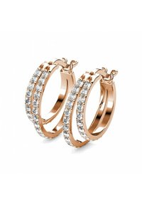 Orecchini a cerchio in oro rosa con due file di cristalli trasparenti, caratterizzati da una finitura lucida e un design con chiusura sicura.