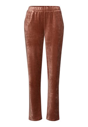 Pantaloni in velluto di un caldo colore marrone, dotati di cintura elasticizzata e gambe dritte, con una consistenza morbida e liscia e senza chiusure visibili.