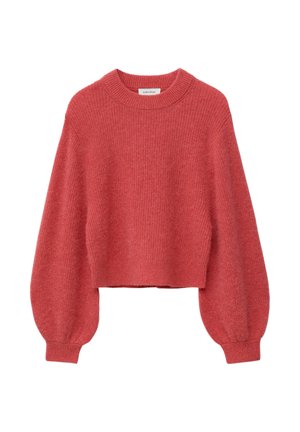 Roter, kurz geschnittener Strickpullover mit Ballonärmeln sowie gerippten Bündchen und Kragen vor weißem Hintergrund.