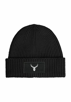 Black knit beanie with a ribbed design, featuring a fold-over cuff and a rectangular patch displaying a stylized deer head logo.