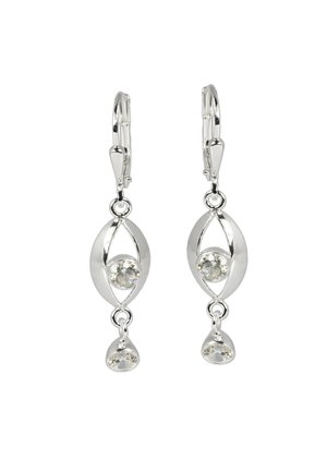 Silberne Tropfohrringe mit ovalem Design, zwei klaren Kristallen und einem tropfenförmigen Pendel. Glatte Metalloberfläche, leicht.